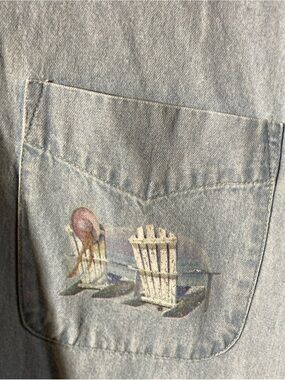 Jerzees Grandmacore Denim Shirt Beach Printed Pocket Sz M Light Wash Y2K Cotton